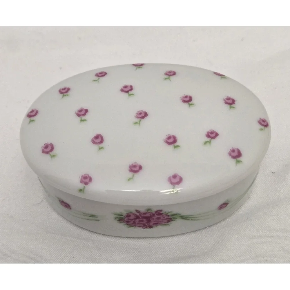 Vintage 1980 Enesco Petite Fleurs de Paris Oval Porcelain Trinket Box Pink Roses